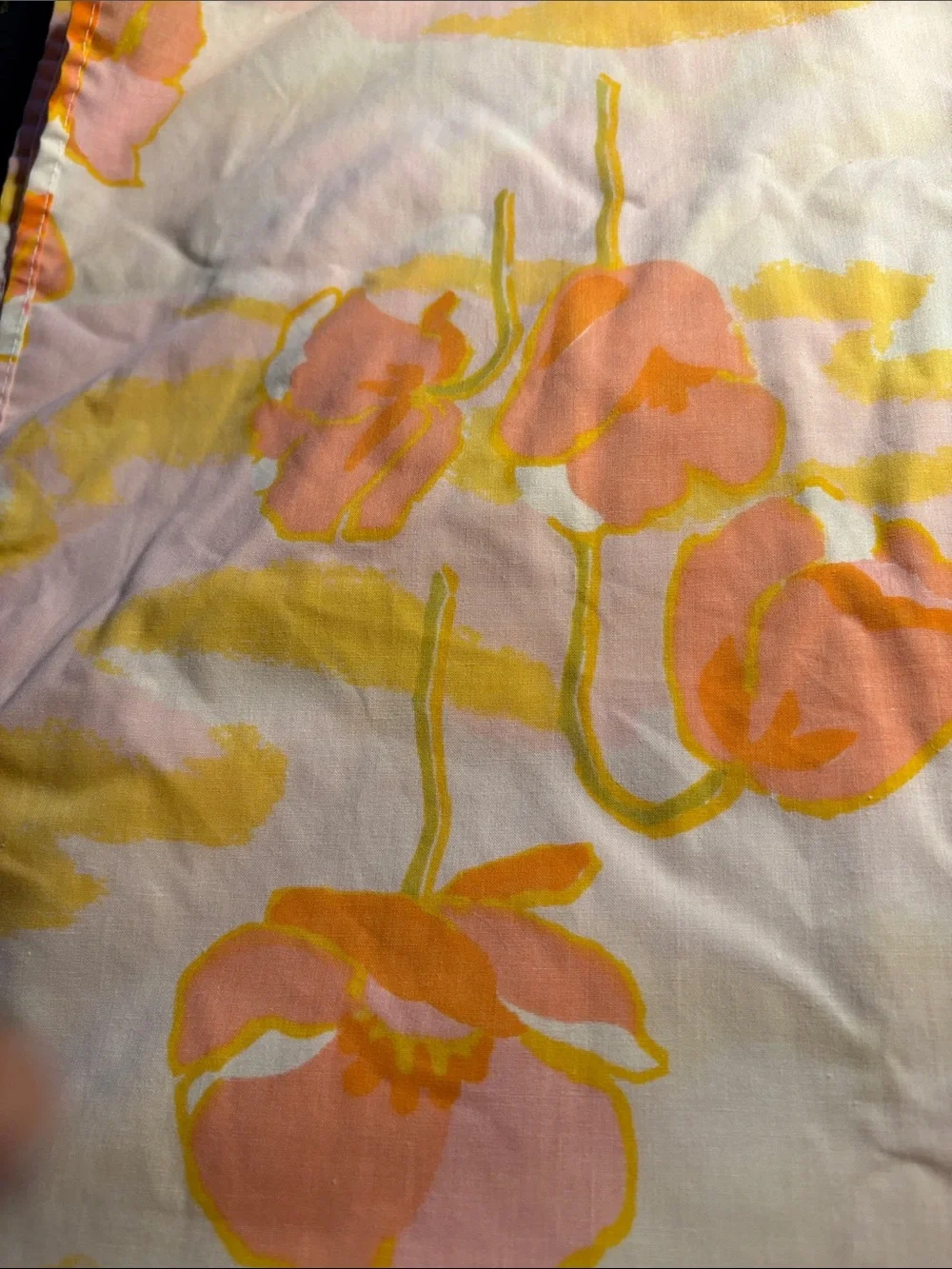 Vintage groovy Floral Pop Peach & Yellow Cotton twin fitted sheet. VV